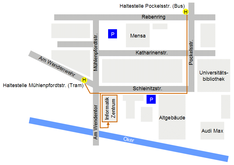 Wege von Haltestellen zum Informatikzentrum